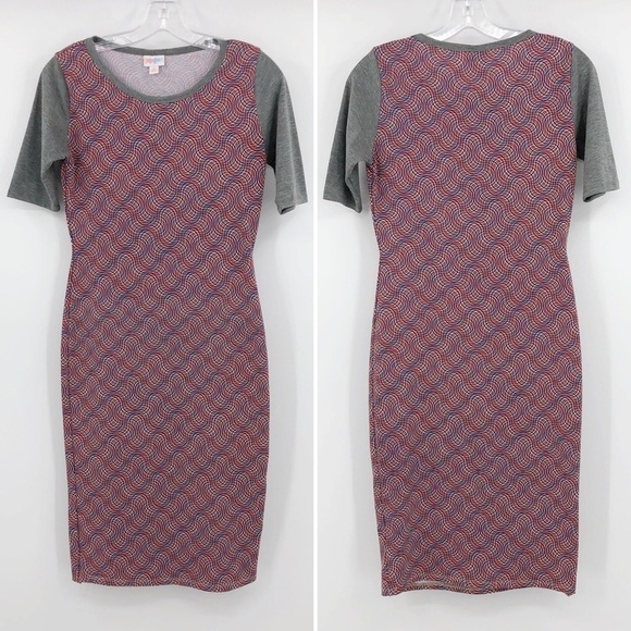 LuLaRoe Julia Dress Red & Gray Pencil Swirl Print Crew Neck Half Sleeve Midi XS - Picture 2 of 5